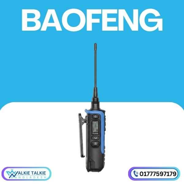 Front view of the Baofeng BF-1802L Walkie Talkie featuring blue side accents, a backlit digital screen showing frequencies, and numeric buttons. Front view of the Baofeng BF-1802L Walkie Talkie featuring blue side accents, a backlit digital screen showing frequencies, and numeric buttons.