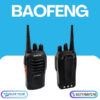 Front and back view of the black Baofeng BF-666S Walkie Talkie portable two-way radio featuring a belt clip and rechargeable battery.