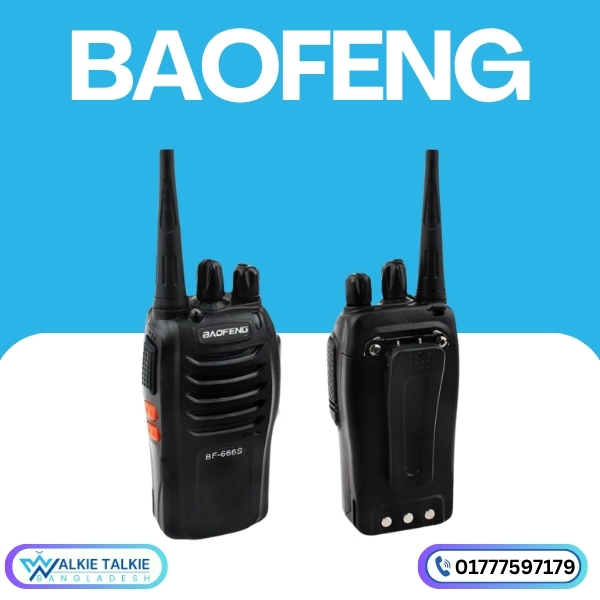 Front and back view of the black Baofeng BF-666S Walkie Talkie portable two-way radio featuring a belt clip and rechargeable battery. Front and back view of the black Baofeng BF-666S Walkie Talkie portable two-way radio featuring a belt clip and rechargeable battery.