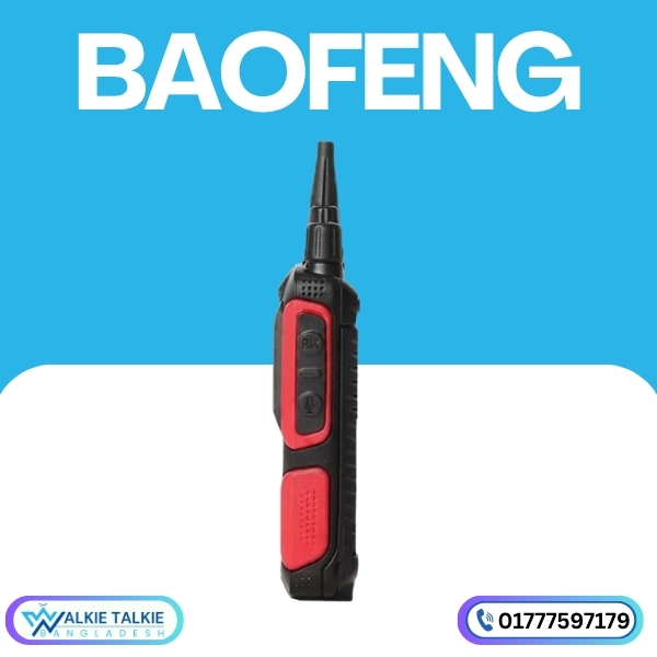 Black and Red Baofeng BF-999S Walkie Talkie rugged two-way radio with textured side grips and rechargeable battery.