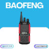 Black and Red Baofeng BF-999S Walkie Talkie rugged two-way radio with textured side grips and rechargeable battery.